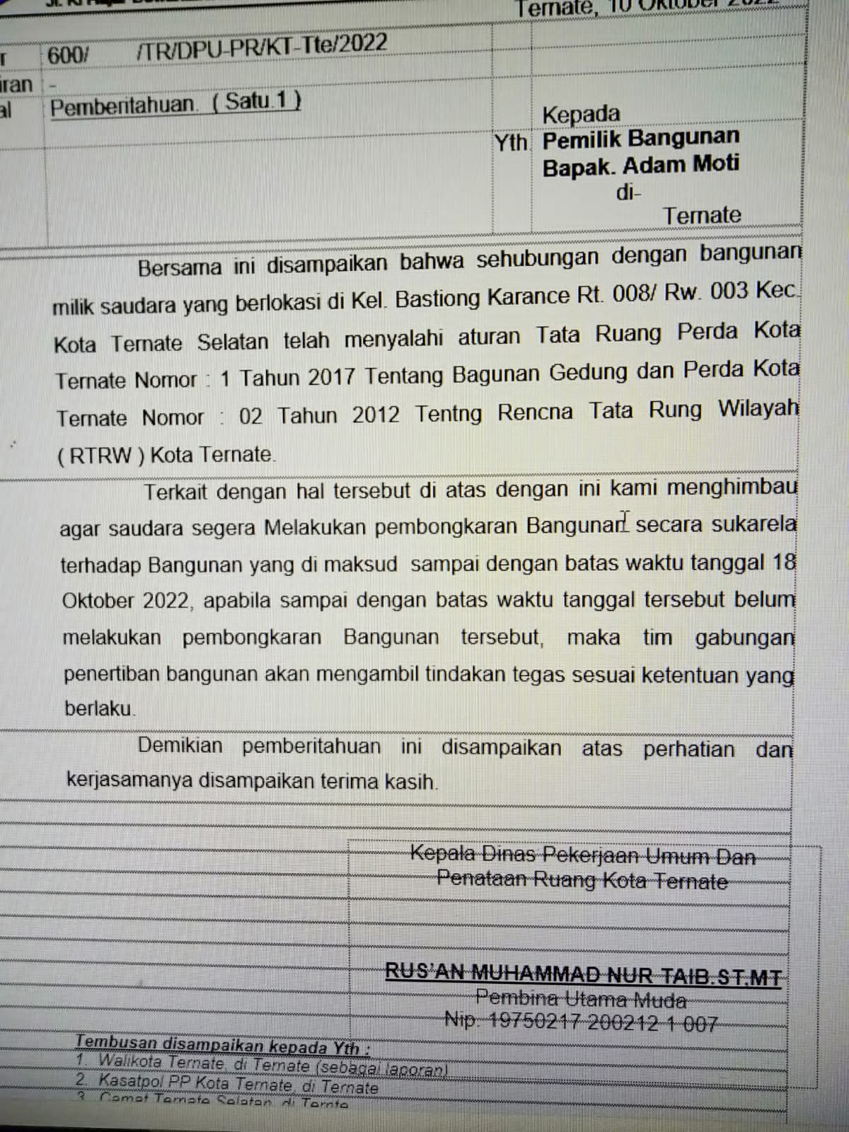 Surat Pemberitahuan, menunggu tandatangan Kadis.