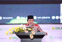 Rektor UMJ sedang sambutan acara Halalbihalal PP Muhammadiyah (19/04/2025) (foto KSU: Fahmi)