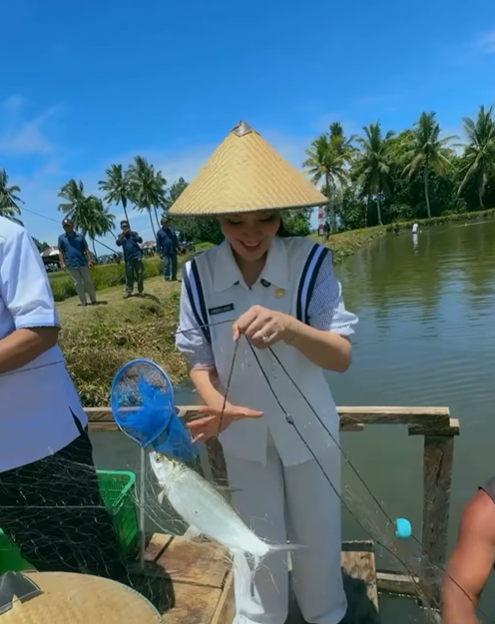 Gubernur Sherly Laos saat melihat tambak ikan. Gambar tangkap layar dari Instagram.com/@s_tjo. 